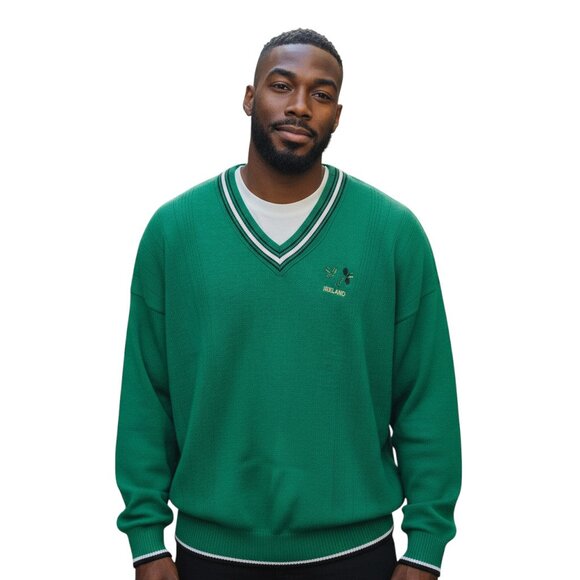Vintage  Ireland Sweater Green Shamrock V-Neck Pullover Tennis Preppy Large Men - Picture 1 of 7